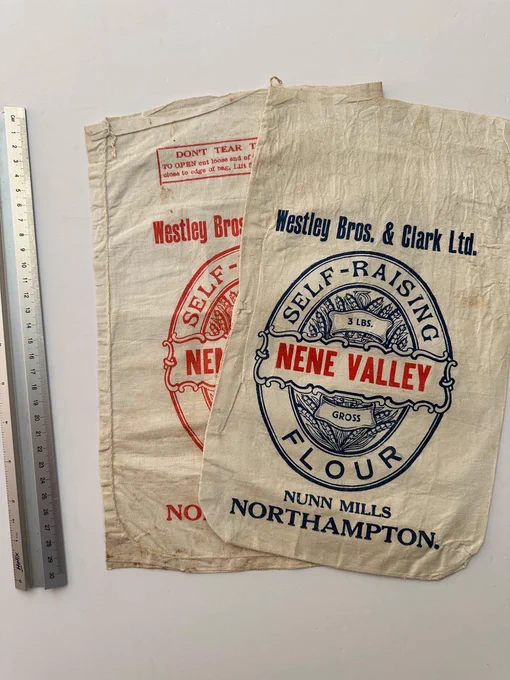Two Northampton cloth flour bags