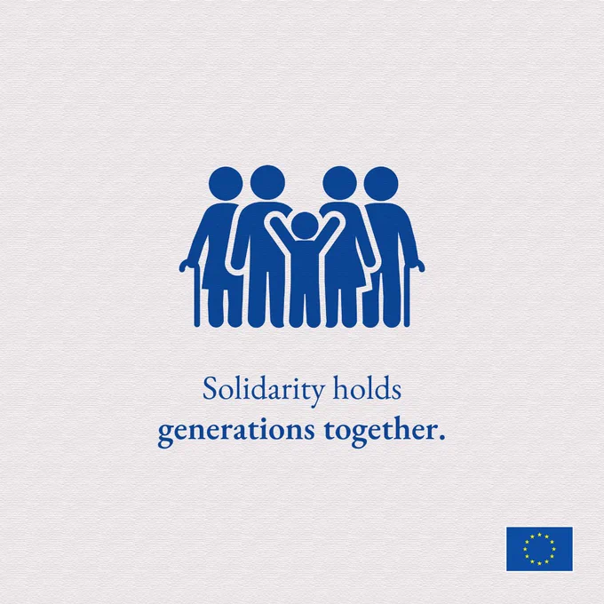 Illustration of five blue human figures of different ages standing together in a line, with their arms linked around a small child in the center. The group includes two older adults with canes, symbolizing intergenerational unity. Below them, the text reads: "Solidarity holds generations together." In the bottom right corner, the EU flag is displayed.