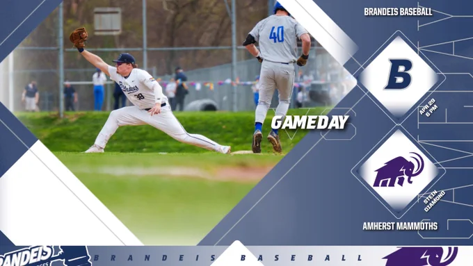 TEXT: GAMEDAY, Brandeis Baseball vs. Amherst Mammoths, April 29, 6 PM, Stein Diamond
IMAGE: Eddie Zanor stretching to make a catch at first base during a baseball game
