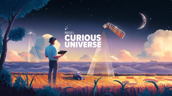 Graphic of a farmer holding a tablet with data on it while standing by a field. The field has rows of yellow wheat and a tractor. Another field on the right of the image has crop circles. Above, satellites orbit Earth, collecting data about the ground below.