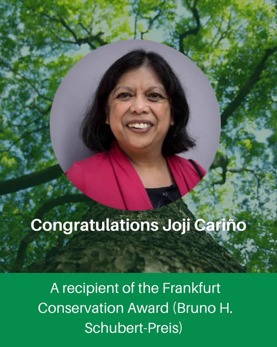 Alt text: A background image of a tree, with a photo of Joji Cariño over it. Overlay text reads “Congratulations Joji Cariño, a recipient of the Frankfurt Conservation Award (Bruno H Schubert Preis). 