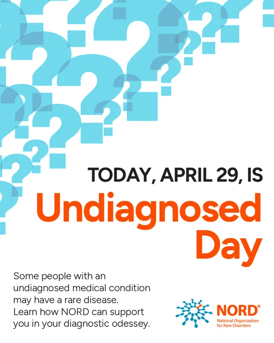 Promotional poster for Undiagnosed Day, April 29, featuring question marks and text, with a message about supporting those with rare conditions. Includes the logo of the National Organization for Rare Disorders (NORD).