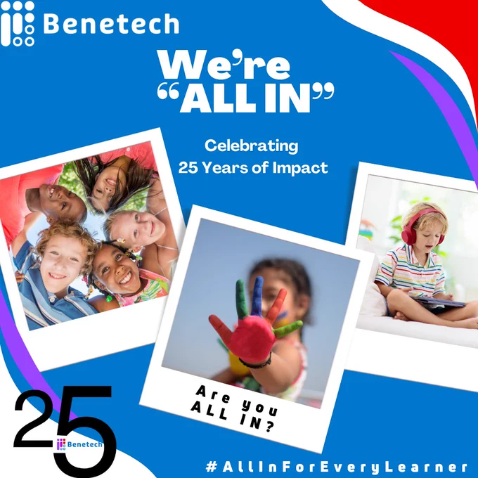 "Three Polaroid-style photos showing smiling children and a child with a painted hand. Text reads: 'We're All In – Celebrating 25 Years of Impact.'"