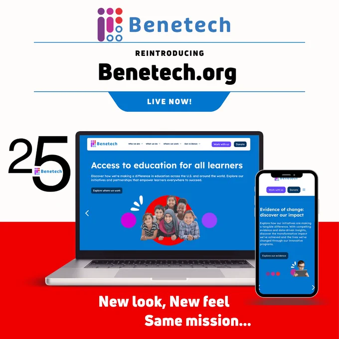 "Benetech logo above a laptop and mobile phone showcasing the new Benetech.org website. Text reads: 'New look, new feel, same mission.'"