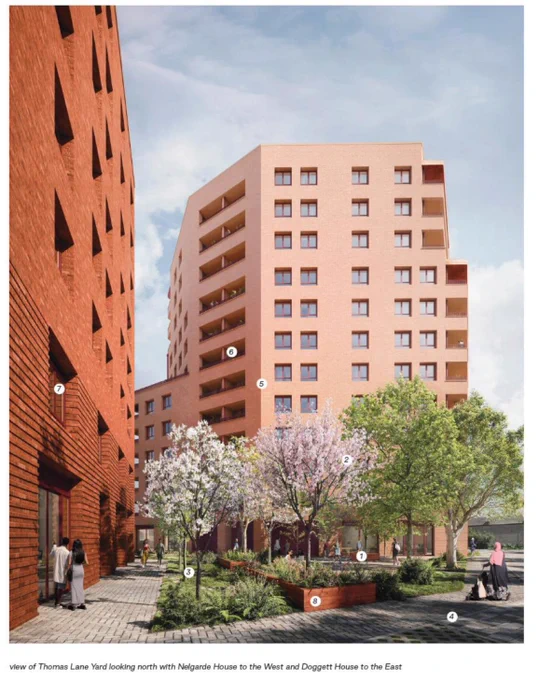 Architectural visualisation of Thomas Lane Yard looking north, showing two new residential buildings: Nelgarde House on the left (west) and Doggett House on the right (east). Both are modern, mid-rise buildings with brick façades and inset balconies. The landscaped courtyard between them features flowering trees, planting beds, and paved walkways. People are walking, chatting, and pushing a pram, illustrating a lively and welcoming public space. The buildings are set against a bright sky, highlighting the vibrant and contemporary design of the development.