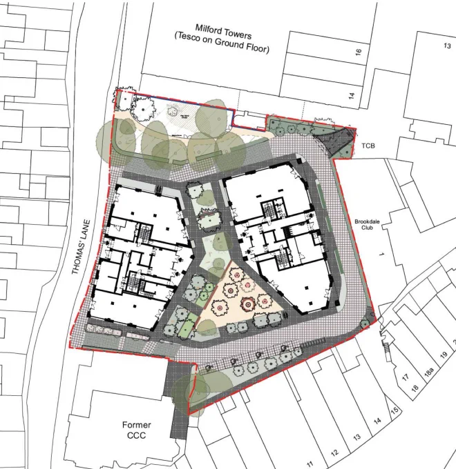 Site plan of the Thomas Lane Yard development in Catford, showing two new buildings positioned around a central triangular landscaped courtyard with trees and planting. The buildings are aligned along Thomas Lane to the west and are surrounded by paved pedestrian routes. The Brookdale Club is shown to the east, Milford Towers (with Tesco on the ground floor) to the north, and the Former Catford Constitutional Club (CCC) to the south. The site is outlined in red, and tree canopies are indicated with green circles throughout the plan. Access routes and soft landscaping are clearly integrated around and between the buildings.