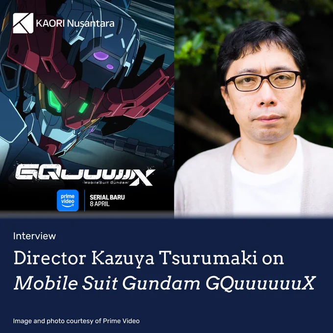 Lead image for a thread about an interview article with Mobile Suit Gundam GQuuuuuuX director Kazuya Tsurumaki featuring a key visual for the series' Prime Video distribution and a photo of the director. The pictures are credited to Prime Video.