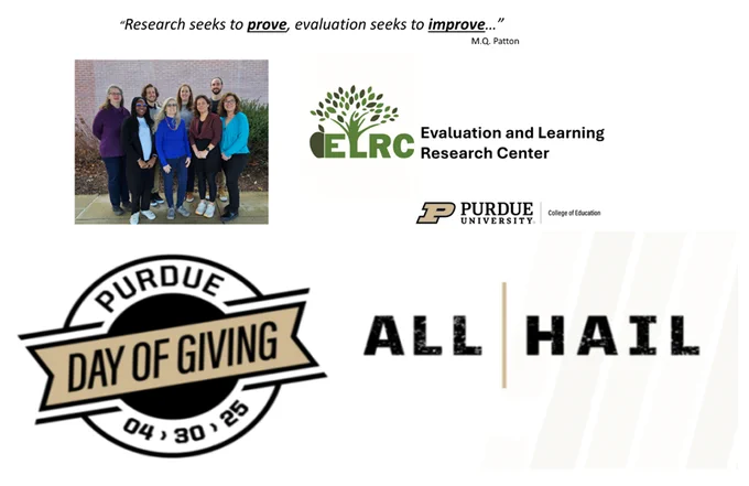 ELRC Staff Photo with ELRC graphic, Purdue College of Education graphic and Purdue Day of Giving Graphic
