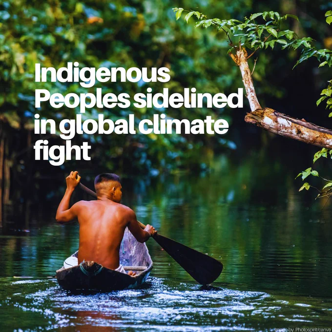 A person paddles a canoe through a lush, green waterway surrounded by dense vegetation. The text overlay reads, 'Indigenous Peoples sidelined in global climate fight.