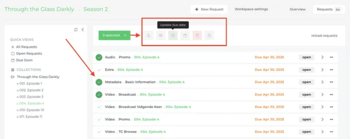 Limecraft screenshot illustrating the concept of bulk updates of Delivery Requests, a key aspect of efficiently managing media supply chains