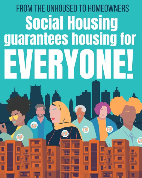 Detroit Action graphic with a blue background.  There are a number of turquoise housing complexes at the bottom of the graphic with a multicultural, multigenerational group of Detroiters wearing Detroit Action pins and a dark blue silhouette of the Detroit Skyline behind them.

Text:  From the unhoused to homeowners

Social housing provides housing for EVERYONE.  


#detroitaction #socialhousing #michigan #politicaleducation #protections #communitycontrol #deeplyaffordable #accessible #justice #care #community #changemakers