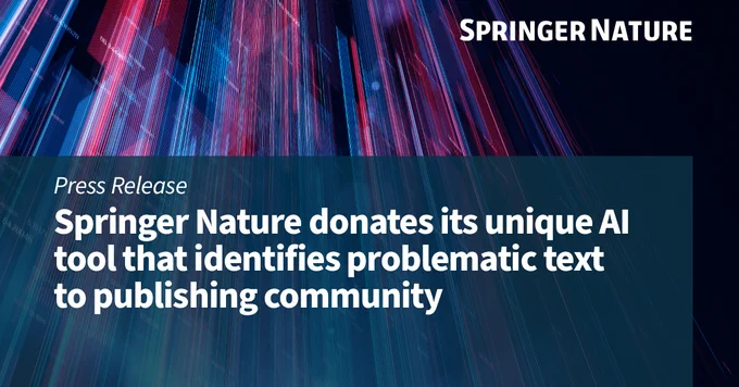 Press Release from Springer Nature. The text reads: 'Springer Nature donates its unique AI tool that identifies problematic text to publishing community.' The background features dynamic, colorful light streaks in shades of blue, red, and purple."