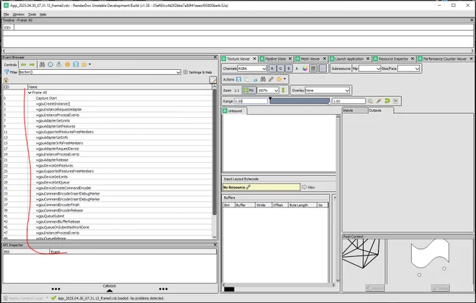 A screenshot of RenderDoc where one can see calls to the WebGPU API