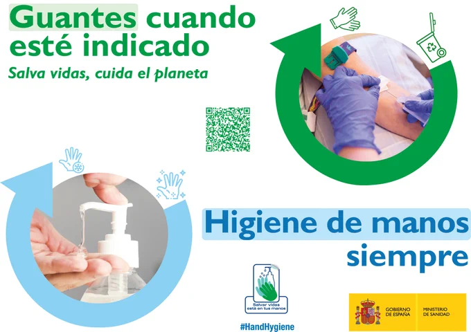 Banner de la campaña "Salva vidas. Límpiate las Manos", que se celebra el 5 de mayo de 2025. En él se ve a un profesional sanitario vacunando a un paciente con sus manos enguantadas, y a una persona echándose gel de manos.