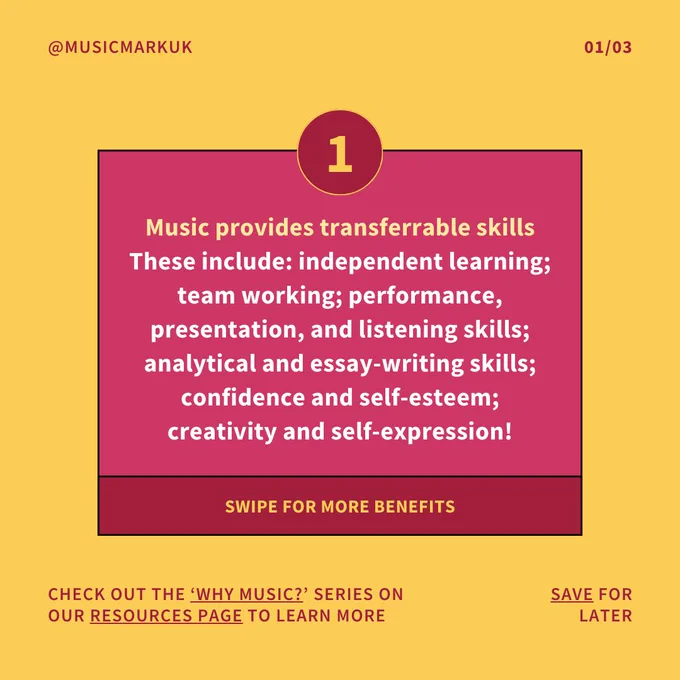 Text: 1. Music provides transferrable skills. These include: independent learning; team working; performance, presentation, and listening skills; analytical and essay-writing skills; confidence and self-esteem;  creativity and self-expression! SWIPE FOR MORE BENEFITS. 01/03.