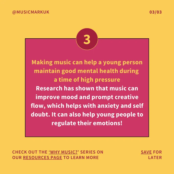 Text: 3. Making music can help a young person maintain good mental health during a time of high pressure. Research has shown that music can improve mood and prompt creative flow, which helps with anxiety and self doubt. It can also help young people to regulate their emotions! 03/03.