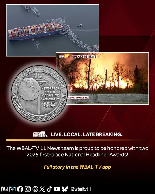 The WBAL-TV 11 News team is proud to be honored with two 2025 first-place National Headliner Awards!