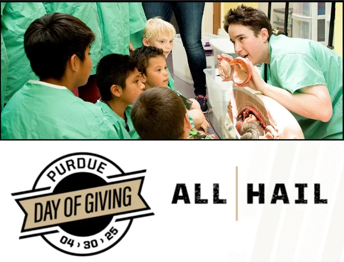 Dr. Sandy SanMiguel, Veterinary Scientist, teaching science to a group of school age children, above a Purdue Day of Giving graphic.