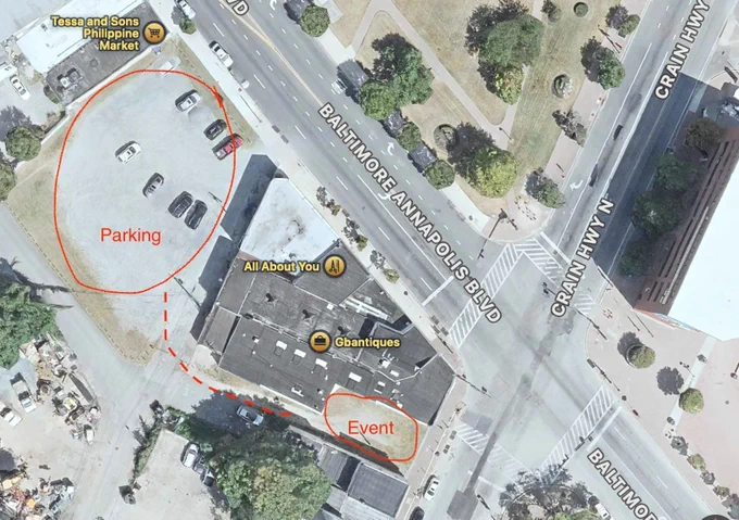 Overhead map of downtown Glenburnie. Red circle around parking area next to Tessa and Sons Philippine Market. Dotted line leading to second circle labeled 'Event' located inbetween two buildings the Baltimore Annapolis BLVD and Crain Highway Intersection.