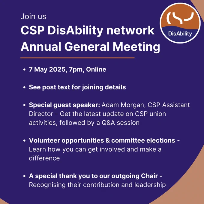 The promotional image highlights the CSP DisAbility Network AGM, with details about the date, time, online registration link and agenda items. Full details are in the post text.