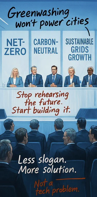 5 panelists are sitting on the stage, with a few people seated under them. The slogans "Net-Zero", "Carbon-Neutral" and "Sustainable Grids Growth" are shown behind the panelists.
The lines "Stop rehearsing the future. Start building it." and "Less slogan. More solution" are written 
