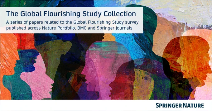 A colorful abstract image featuring overlapping silhouettes of human heads in various shades of blue, red, orange, and green. The text at the top reads 'The Global Flourishing Study Collection' followed by 'A series of papers related to the Global Flourishing Study survey published across Nature Portfolio, BMC and Springer journals.' The bottom right corner displays the logo and name 'Springer Nature.'