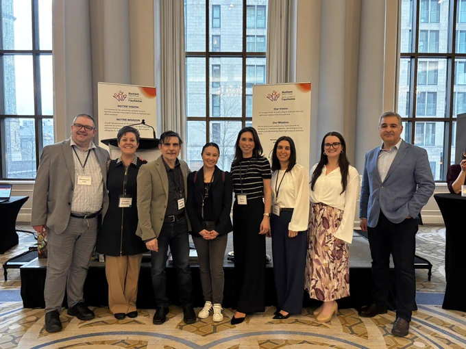 MacART members and colleagues stand for a group photo at the Canadian Autism Leadership Summit. From left to right: Dr. Mackenzie Salt, Dr. Caroline Roncadin, Dr. Amedeo D'Angiulli, Dr. Vivian Lee, Dr. Elyse Rosa, Alessia Greco, Renee Baysarowich, and Dr. Stelios Georgiades.