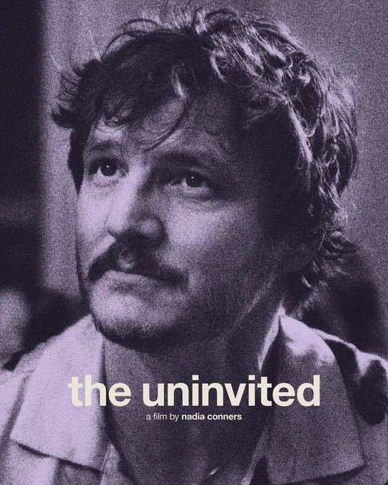 A stylised, grainy purple-toned image of a man with tousled hair and a moustache, looking upward. Overlay text reads: “the uninvited” in bold lowercase letters, followed by “a film by nadia conners” in smaller type. 