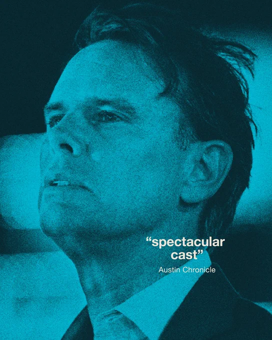 Grainy blue-tinted close-up of a man in a suit, the actor Walton Goggins, looking off to the left with a serious expression. Text reads “spectacular cast” – Austin Chronicle.