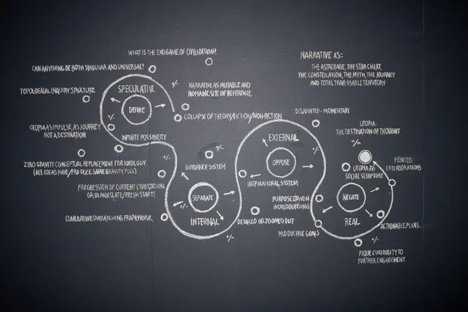 A chalk diagram by Ian Brieshechan in the exhibit Cave Paintings (at Lagrange) in the Elzay Gallery at ONU (Northern Review Photo/Melina Meza)