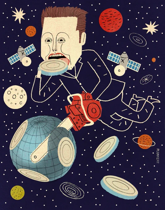 Elon Musk floating in space... cutting up the earth with a chainsaw and eating it like an onion.