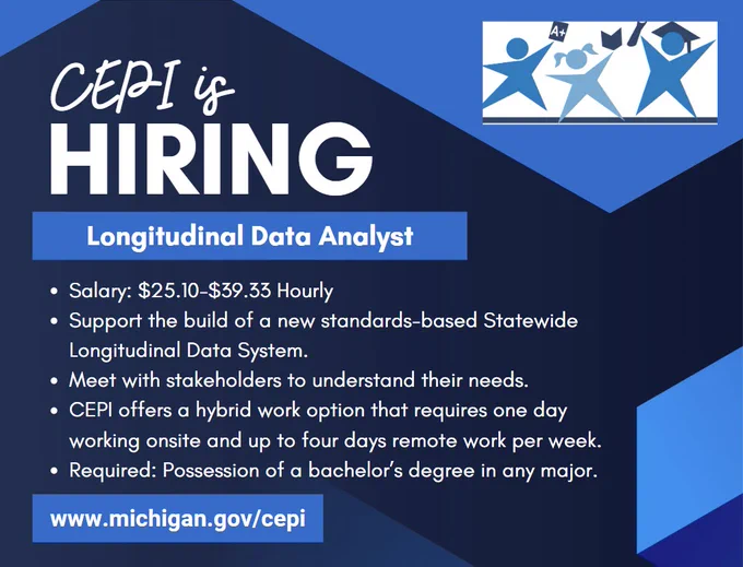 Blue and dark blue graphic with the following text:

CEPI is hiring.
Salary: $25.10-$39.33 Hourly
Support the build of a new standards-based Statewide Longitudinal Data System.
Meet with stakeholders to understand their needs.
CEPI offers a hybrid work option that requires one day working onsite and up to four days remote work per week.
Required: Possession of a bachelor’s degree in any major. 
www.michigan.gov/cepi