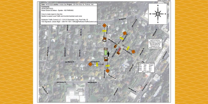 Map of the Avista project detour and flagging locations for the project on SW Arbor Street on Thursday, May 1, 2025