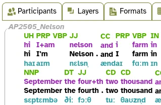Transcript with tabs at the top and colour-coded tags in the body of the text
