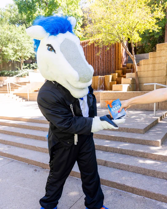 Mascot with a blue and white horse head and black outfit being handed a gift from someone off camera, outdoors on stairs.