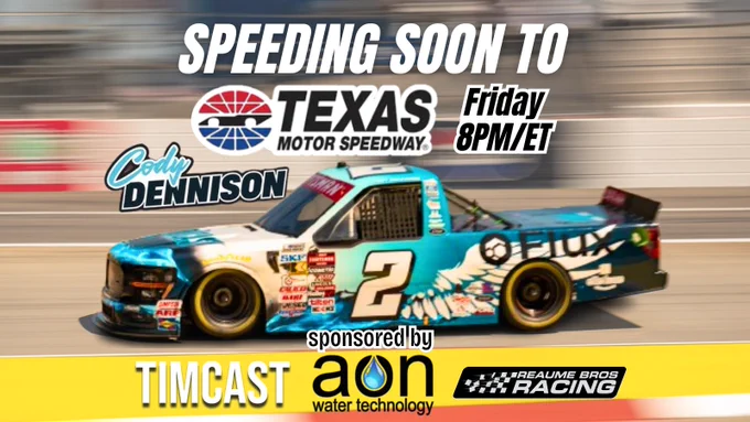 Nascar Craftman's Truck Series Driver Cody Dennison racing Friday May 2nd, 2025 at Texas Motor Speedway in the #2 Aon Water Technology and Timcast Truck.