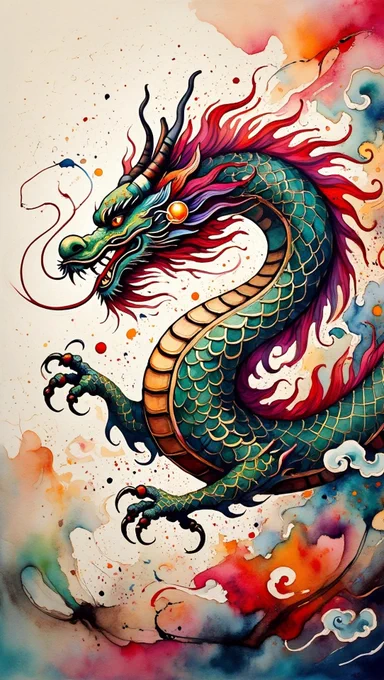 A vivid watercolor illustration of an East Asian-style dragon with green scales, golden belly plates, and flaming red and purple accents along its mane and limbs. The dragon coils dynamically across the image, surrounded by abstract splashes of orange, red, blue, and black ink. Wisps of stylized clouds and energetic brushstrokes enhance the feeling of motion, evoking traditional tattoo art fused with expressive modern watercolor techniques.

Created in REVE using a layered text prompt. The original render was saved and upscaled in Photoshop for enhanced resolution and conversion to .jpg. The final composition reflects intentional prompt design and refinement. Shared freely for creative enjoyment — not for commercial use.