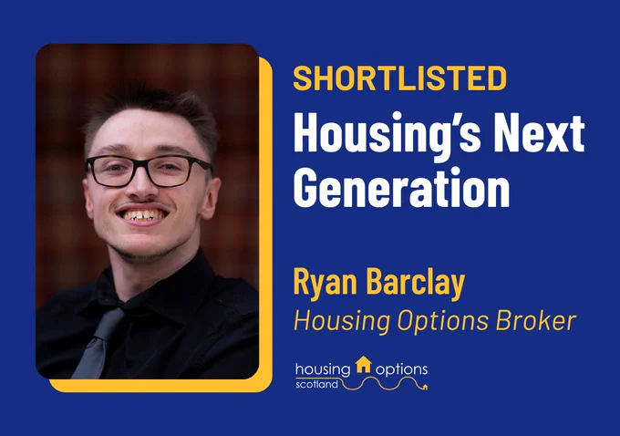 Photographic portrait of Ryan next to text reading Shortlisted, Housing's Next Generation, Ryan Barclay, Housing Options Broker