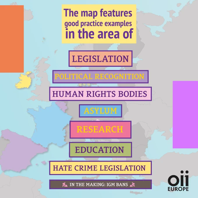 The map features good practice examples in the area of legislation, political recognition, human rights bodies, asylum, research, education, hate crime legislation, and the section "In the making: IGM bans"
