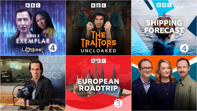 Grid image featuring six photos from programmes featured in the RAJAR data for Quarter 1, 2025. Titles include Radio 4’s Limelight Exemplar series 2, The Traitors Uncloaked, the Shipping Forecast, Desert Island Discs, European Roadtrip, and Newscast. 