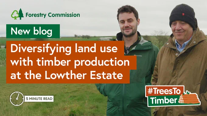 Kelvin Archer and David Bliss and the words new blog, diversifying land use with timber production at the Lowther Estate.