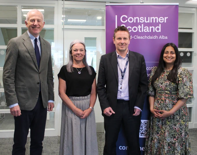 A photo of Consumer Scotland Chair David Wilson, CCNI Chair Clare Bailey, Consumer Scotland Chef Executive Sam Ghibaldan and CCNI Chief Executive Noyona Chundur 