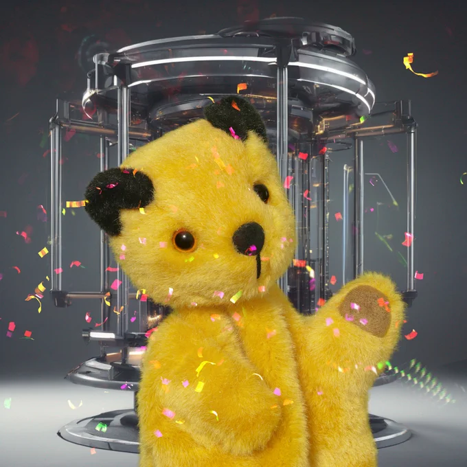 Sooty poses next to his custard pie teleport.