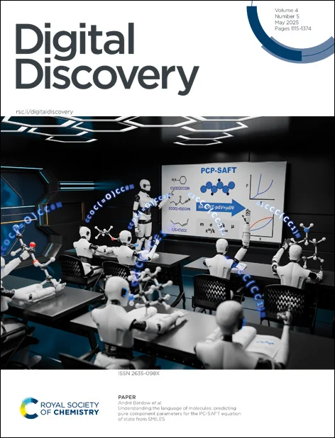 The inside front cover of Digital Discovery issue 5. Teaching the Language of Thermodynamics: How Machines Learn to Predict Physical Properties from SMILES