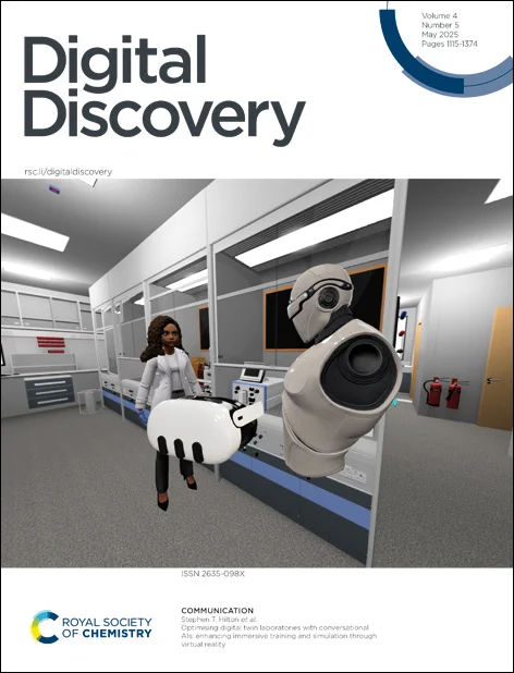 The front cover of Digital Discovery issue 5. A view from inside the Lab427 VR system featuring an AI avatar, VR headset and user