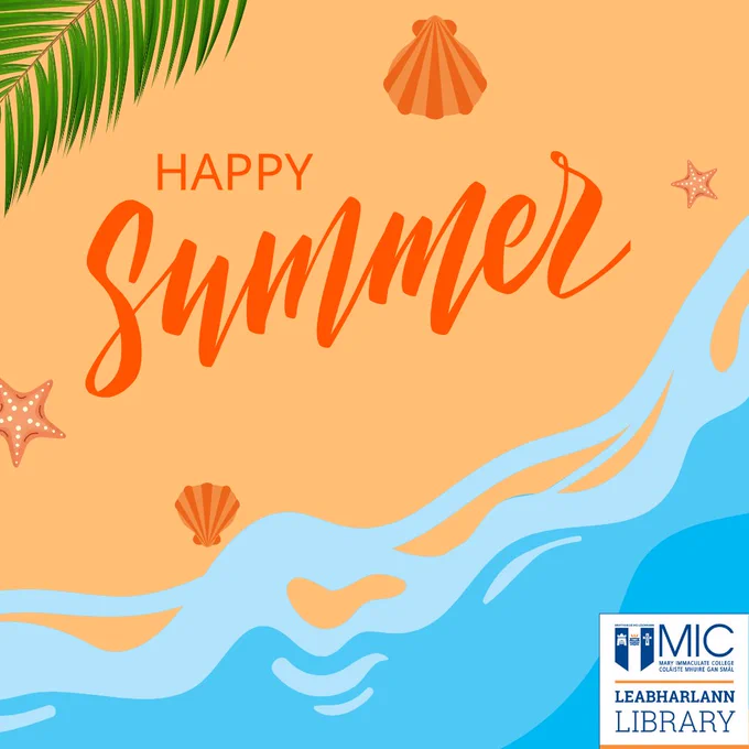 Animated image is of a beach but pale orange sand, blue waves, a green palm tree leaf, two orange starfish and seashells with 'Happy Summer' in orange font in the middle. The white Library logo is in the bottom right corner.
