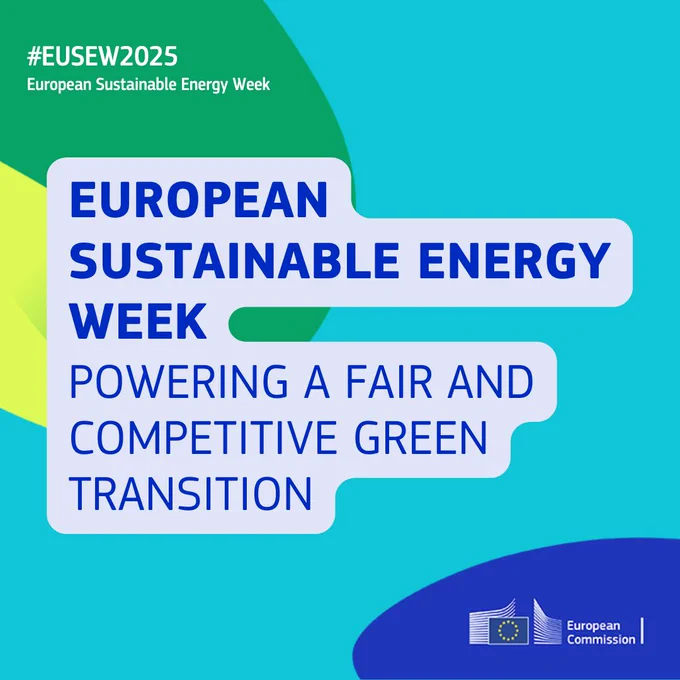 European Sustainable Energy Week - Powering a fair and competitive green transition. 
Turquoise background and blocks in EUSEW colours: green, yellow and blue. 