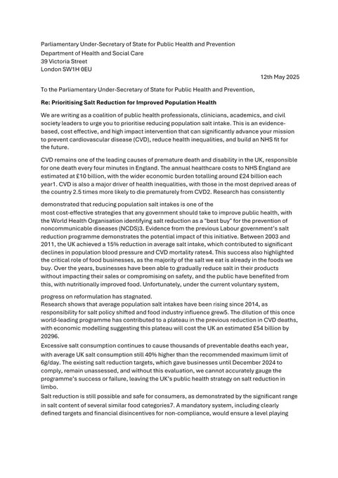 Open Letter to the Secretary of Public Health and Prevention calling to prioritise salt reduction 