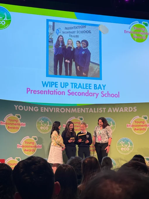 Presentation Secondary School students receiving an award at the Young Environmentalists Awards event for their project "Wipe Up Tralee Bay." 