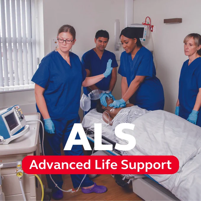 Medical professionals in scrubs are practicing Advanced Life Support (ALS) procedures on a manikin in a hospital room.